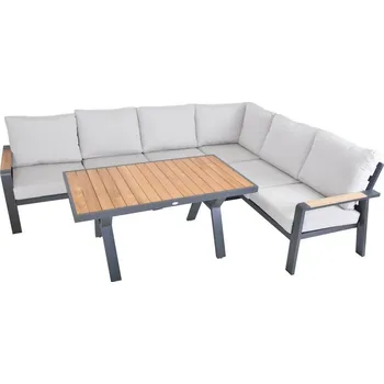 Zahradní sestava Rohová sedací souprava venkovní hliník + měkké polstry + dřevo, šedá / hnědá