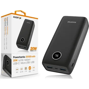 Powerbanka Powerbanka ALIGATOR PD20W+QC22.5W, rychlé nabíjení, 30 000 mAh, černá