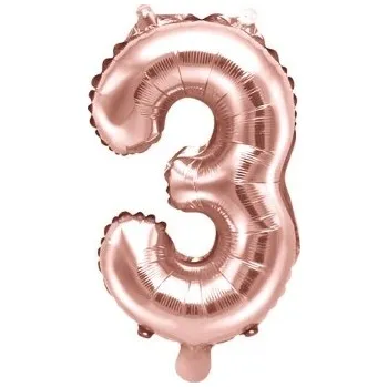 Party Deco Balón foliový číslice RŮŽOVO ZLATÁ - ROSE GOLD 3 -35 cm ( NELZE PLNIT HELIEM )