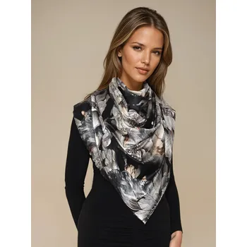 Šála Italy Classic Scarf Elegantní oboustranná šála v zemitých tmavých odstínech s květy zdobeny zlatem