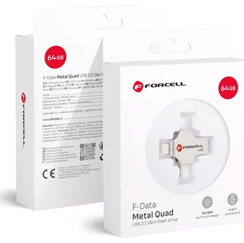 F-DATA pendrive Metal Quad 64GB USB3.2 Gen 1 (USB A / Type C / Lightning / Micro USB) stříbrný