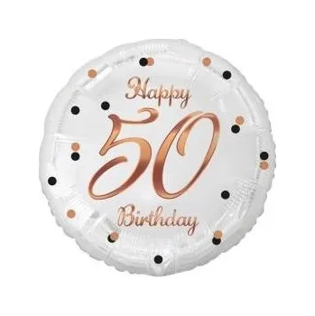 Balónek Godan Balón foliový bílý 50 let - Happy birthday - narozeniny - růžovozlatý nápis - 45 cm