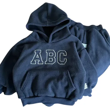 Unisex dětský set Mikina s kapucí a kapsami s nápisem abc a kalhoty Výstřih do O Pohodlný teplý komplet tmavě modrá 6