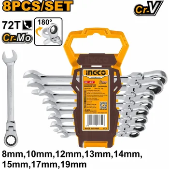 Klíč Ingco HKSPAR1083 Klíč očkoplochý račnový CrMo 8-19mm 8ks, CrV