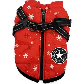 Obleček pro psa Vsepropejska Achar zimní bunda pro psa s postrojem Barva: Červené-vločky, Délka zad (cm): 49, Obvod hrudníku: 64 - 68 cm