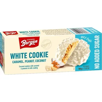 Bergen Cookies kokosové s karamelem a arašídy v bílé čokoládě bez cukru (100g)