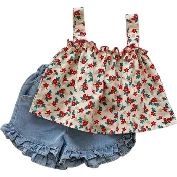 Dívčí oblečení Dívčí letní set Květinové tílko se širokými ramínky a modré kratasy Řasení Výstřih do O Pohodlný komplet 6