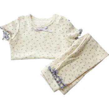 Dívčí dětský set Tričko s krátkým rukávem a kalhoty Béžová barva Květinový potisk Výstřih do O Bavlněný komplet fialová 6