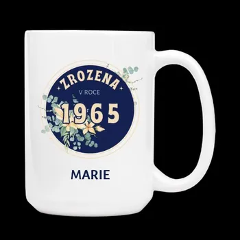 Hrnek velký s potiskem Zrozena v roce 1965 boho kytice se jménem