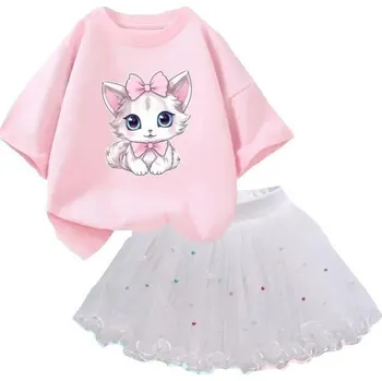 Dívčí letní set Tričko s krátkým rukávem a bílá sukně Výstřih do O Potisk kočky Bavlna polyester stylový komplet růžová 6