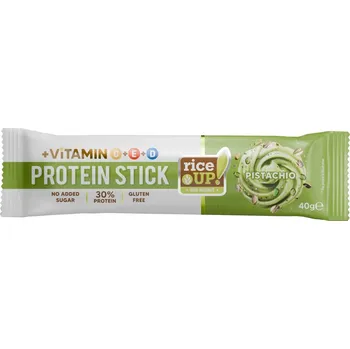 RiceUP! Protein Stick Bezlepková proteinová tyčinka pistáciová v mléčné čokoládě bez přidaného cukru (40g)