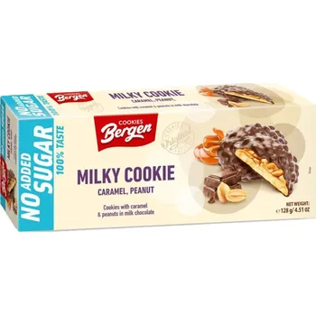Bergen Cookie Sušenky s karamelem a arašídy v mléčné čokoládě bez cukru (100g)