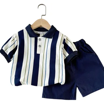 Dívčí oblečení Chlapecký letní set Modré pruhované polo tričko s krátkým rukávem a modré kratasy Výstřih do O Stylový komplet 5
