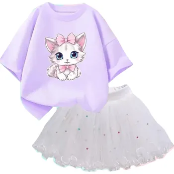 Dívčí letní set Tričko s krátkým rukávem a bílá sukně Výstřih do O Potisk kočky Bavlna polyester stylový komplet fialová 10