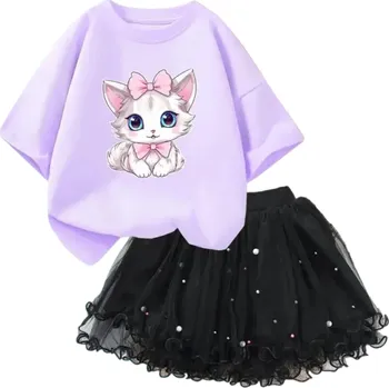 Dívčí letní set Tričko s krátkým rukávem a černá sukně Výstřih do O Potisk kočky Bavlna polyester stylový komplet fialová 3
