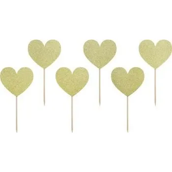 Svatební dekorace PARTYDECO Zapichovátka do cupcaku - Zlaté srdíčka - Svatba / Valentýn - 6 ks