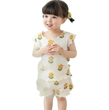 Dívčí letní set Tričko s krátkým rukávem a kratasy Řasení Výstřih do O Komplet s květinovým potiskem bílá 5