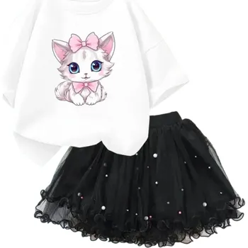 Dívčí oblečení Dívčí letní set Tričko s krátkým rukávem a černá sukně Výstřih do O Potisk kočky Bavlna polyester stylový komplet bílá 12