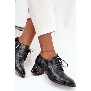 Dámské polobotky Dámské kožené lakované polobotky na podpatku s krystalky Artiker – šedé Velikost: 37