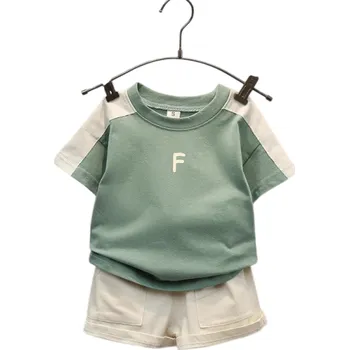 Unisex dětský letní set Tričko s krátkým rukávem s nápisem F a kratasy Výstřih do O Pohodlný elastický komplet zelená 12-24 měsíců