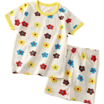 Dětský letní set unisex Tričko s krátkým rukávem a kratasy Výstřih do O Béžový komplet s květinovým potiskem 4