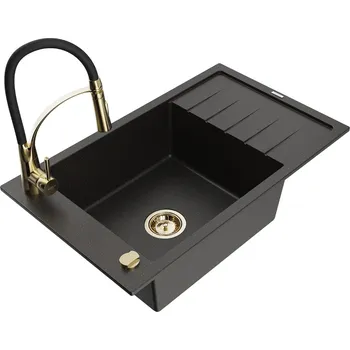 Granitový dřez MEXEN/S - Elias granitový dřez 1 s odkapávačem včetně baterie Aster, černá/zlatá metalik 6511-75-73450-57-G