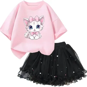 Dívčí letní set Tričko s krátkým rukávem a černá sukně Výstřih do O Potisk kočky Bavlna polyester stylový komplet růžová 8