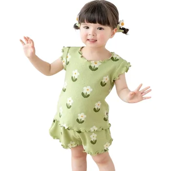 Dívčí letní set Tričko s krátkým rukávem a kratasy Řasení Výstřih do O Komplet s květinovým potiskem zelená 4