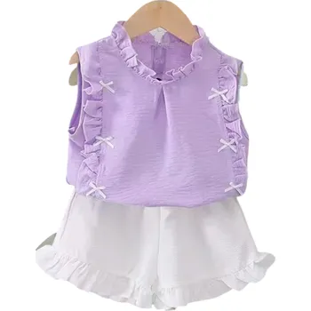 Dívčí letní set Jednobarevné tílko se širokými ramínky a bílé kratasy Řasení Mašličky Výstřih do O fialová 4