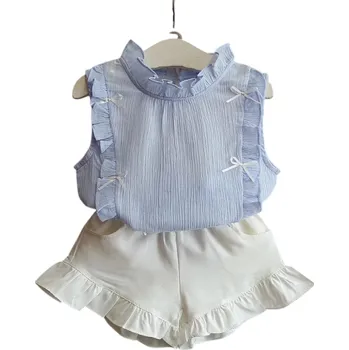 Dívčí oblečení Dívčí letní set Jednobarevné tílko se širokými ramínky a bílé kratasy Řasení Mašličky Výstřih do O modrá 4