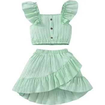 Dívčí letní set Tričko s krátkým rukávem a sukně Řasení Výstřih do O s knoflíky Elegantní komplet pro dívky zelená 10