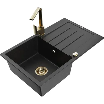 Granitový dřez MEXEN/S - Bruno granitový dřez 1-miska s odkapávačem včetně baterie Rita, černý/stříbrný metalik 6513-73-670300-50