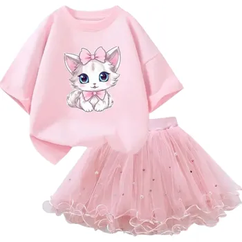 Dívčí letní set Tričko s krátkým rukávem a růžová sukně Výstřih do O Potisk kočky Bavlna polyester pohodlný komplet růžová 4