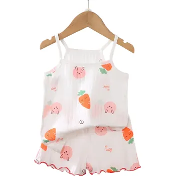 Dívčí letní set Tílko s tenkými ramínky a kratasy Výstřih do O Bílý komplet s potiskem králíčků a mrkví 7