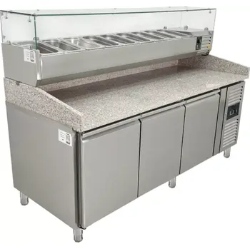 vasegastro Chladící stůl na pizzu - 2015 x 800 mm - se 3 dvířky a saladetou 10 x GN 1/4