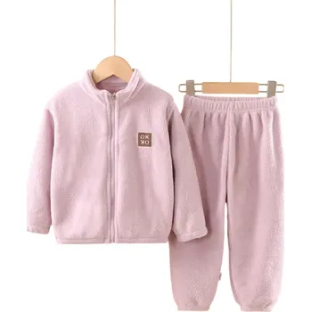 Dívčí oblečení Unisex dětský set Mikina na zip s rolákem a kalhoty Plyšový komplet Výstřih do O Teplé pohodlné oblečení fialová 5