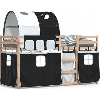 Postel Dřevěná patrová postel se závěsy, bílo-černá, 205,5 x 95,5 x 112 cm