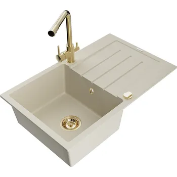 Granitový dřez MEXEN/S - Bruno granitový dřez s odkapávačem včetně baterie Duero, béžová 6513-69-671600-50