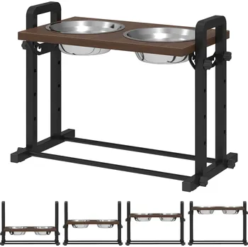 Miska pro psa PawHut sada misek pro psy Elevated, 4 výškově nastavitelné misky na krmení se stojanem, 2 misky z nerezové oceli o objemu 1,2 l, 3 nastavitelné úhly, hnědá