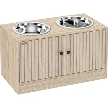 Miska pro psa Psí krmná stanice PawHut se 2 miskami z nerezové oceli, skříňkou na nádobí, pro velké psy, příslušenstvím, dřevěná