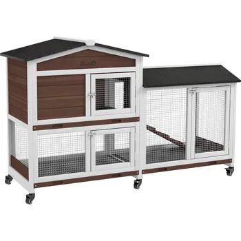 PawHut Klec pro malá zvířata s kolečky, Klec pro zakrslé králíky, Venkovní výběh, Asfaltová střecha, Klec pro malá zvířata, Výběh pro zakrslé králíky, Dřevo, Ocel, Hnědá