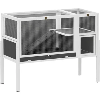 PawHut Malá zvířecí klece pro zakrslé křečky, králíky a morčata, s příslušenstvím, vyvýšený design, dřevo, kov, šedá