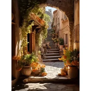 Diamantové malování diamantové malování ulička zdobená květinami 30 × 40 cm