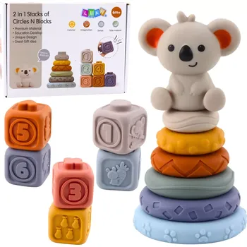 Hračka pro nejmenší senzorická věž a měkké silikonové kostky koala 13 dílů