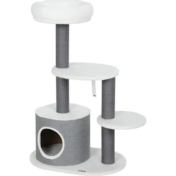 Pelíšek pro kočku Kočičí strom PawHut s 1 kočičí jeskyní, 1 kočičím pelíškem, 2 plošinami, sloupky z jutového lana, bílá + šedá