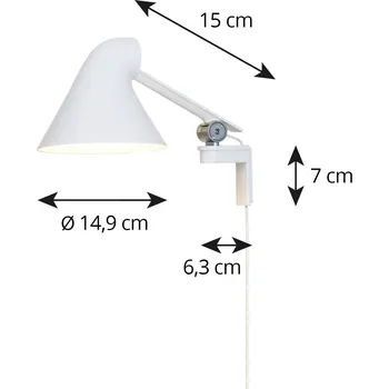 Lampička Louis Poulsen NJP LED nástěnné světlo krátké, bílá - Ø stínidla 14,9 cm; nástěnný držák - výška 7 cm, vyložení 6,3 cm; délka ramena 15 cm; délka kabelu 330 cm bílé 1 x 10 W LED - Doprava zdarma