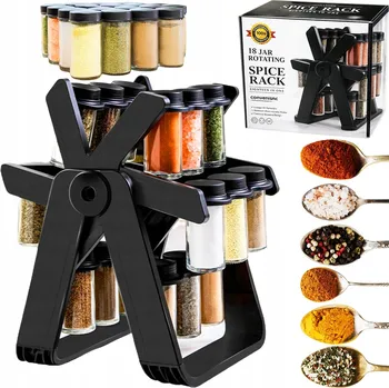 Otočný Stojan Organizér na Koření - 18 Skleněných Kořenek Černý