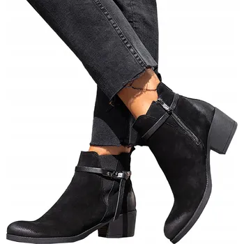 Dámská zimní obuv Dámské kožené kotníkové KOTNÍKOVÉ BOTY , černé, nízký podpatek, módní Pásek POLSKÝ velikost 36