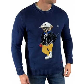 Dámský svetr Pletený svetr Ralph Lauren s medvídkem, modrý RLS02 - XL