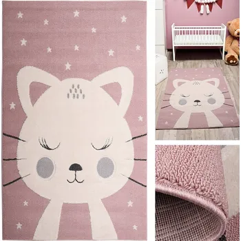 Koberec Růžový koberec s kočičkou Skandi MĚKKÝ koberec 125x170 do pokoje pro holčičku
